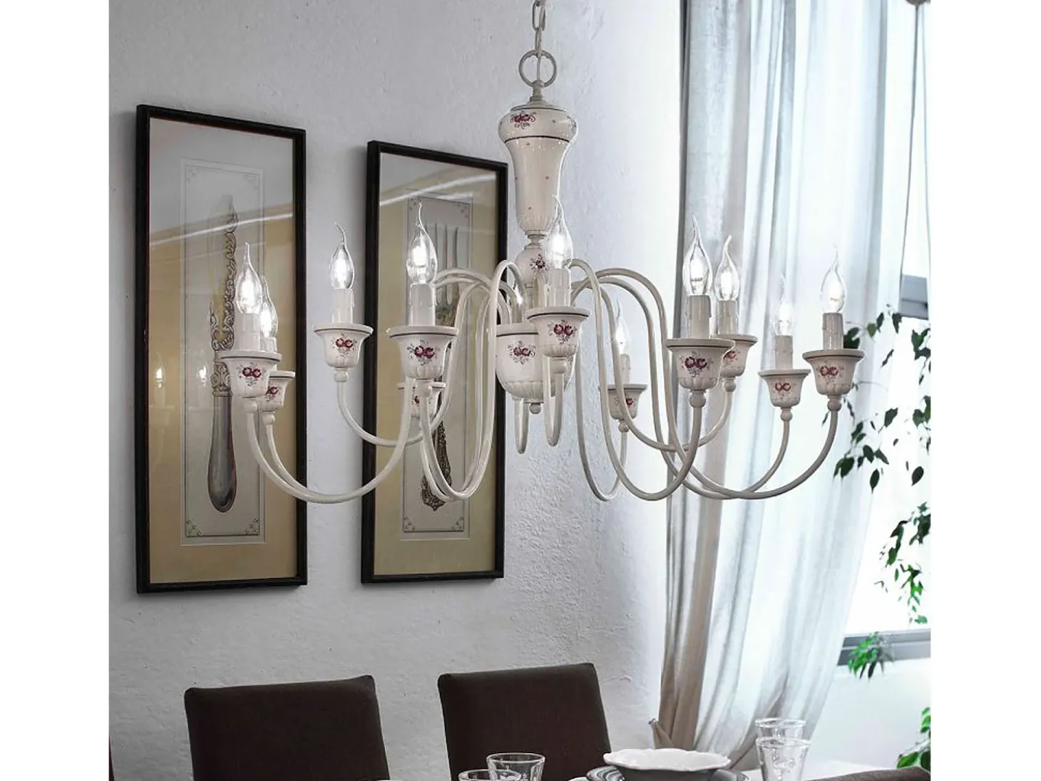 Lampadario Classico Sanremo Metallo Ceramica Bianco Filo Blu 12 Luci E14