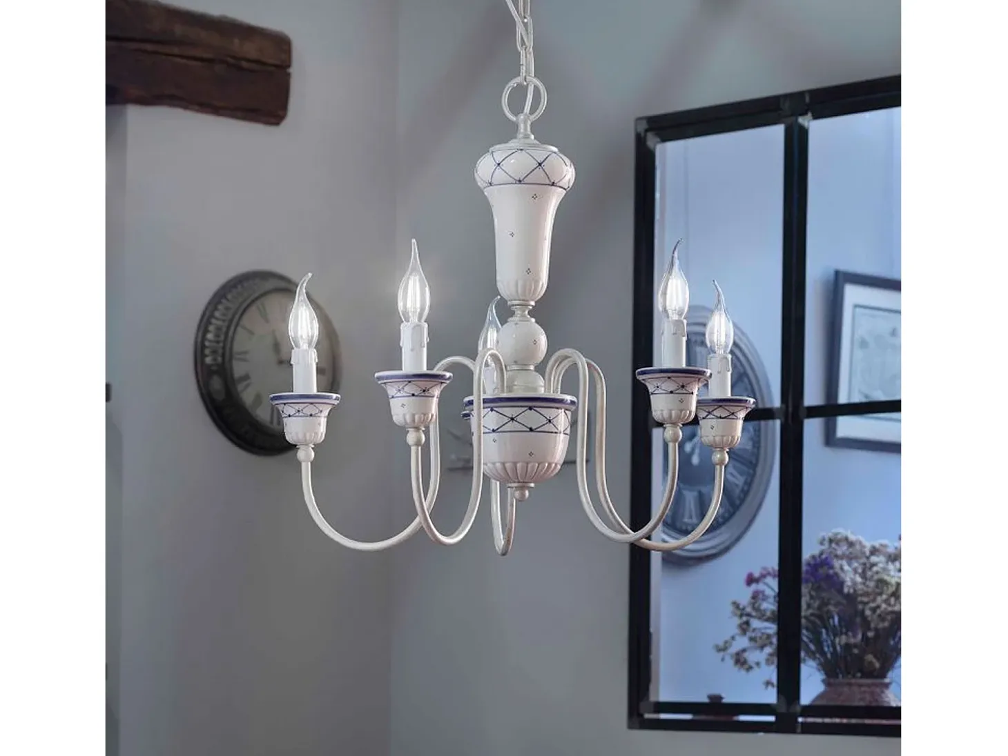 Lampadario Classico Sanremo Metallo E Ceramica Bianco Filo Blu 5 Luci E14