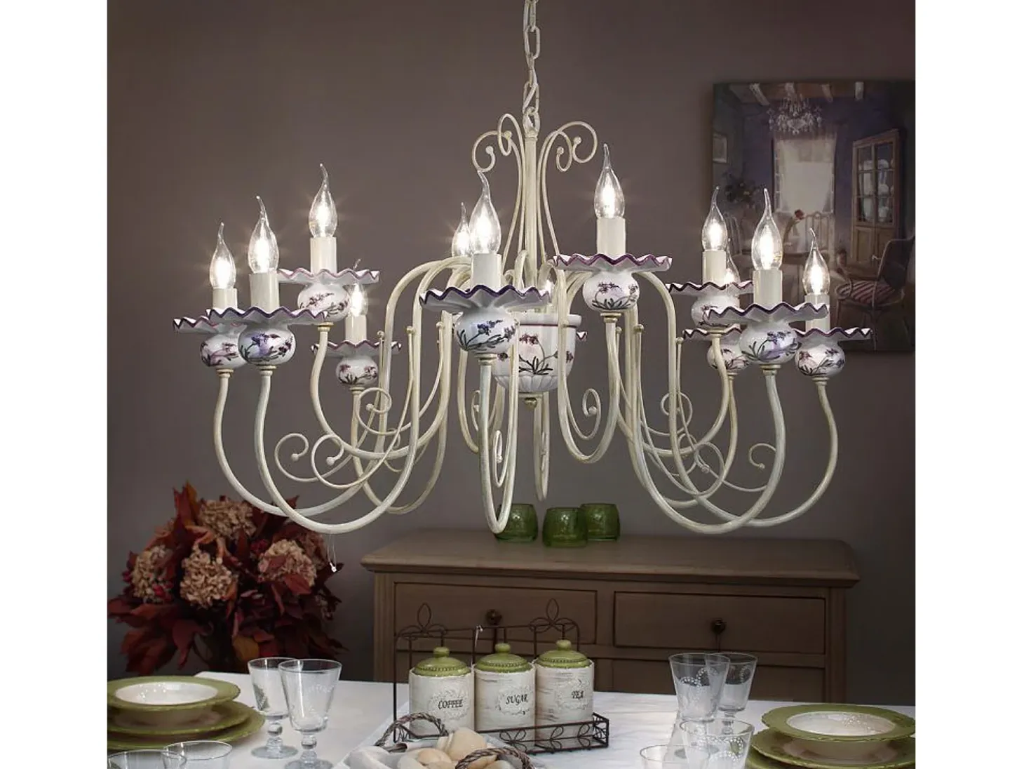Lampadario Classico Sanremo Metallo E Ceramica Bianco Sfumato Oro 12 Luci E14