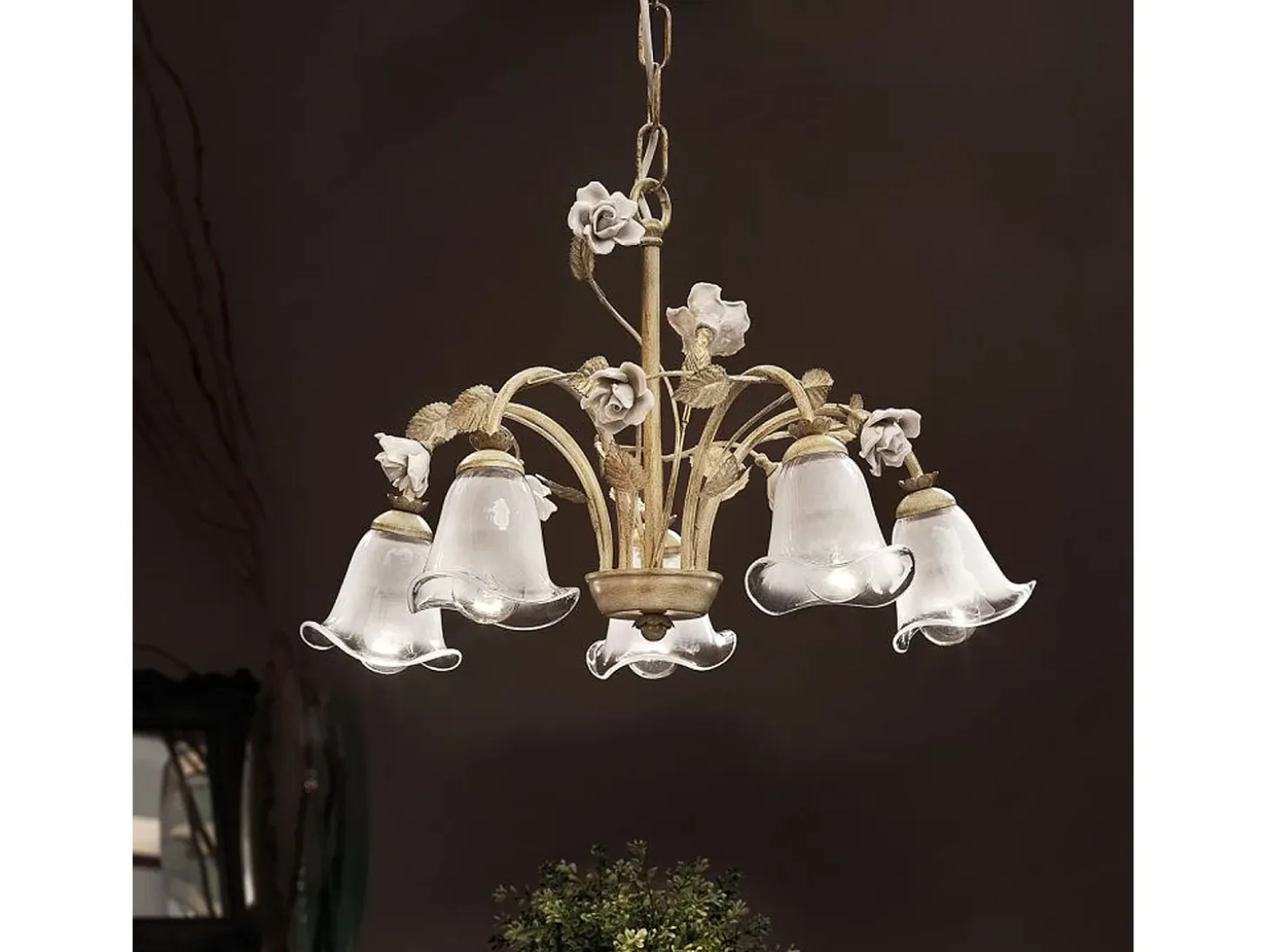 Lampadario Classico Siena Metallo E Ceramica Nero Sfumato Oro Lucido 5 Luci E14