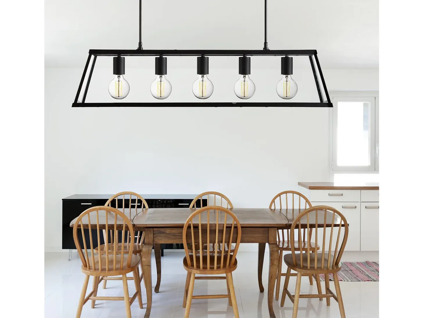 Lampadario Contemporaneo Viaggiatore Acciaio Nero Vetro 5 Luci E27