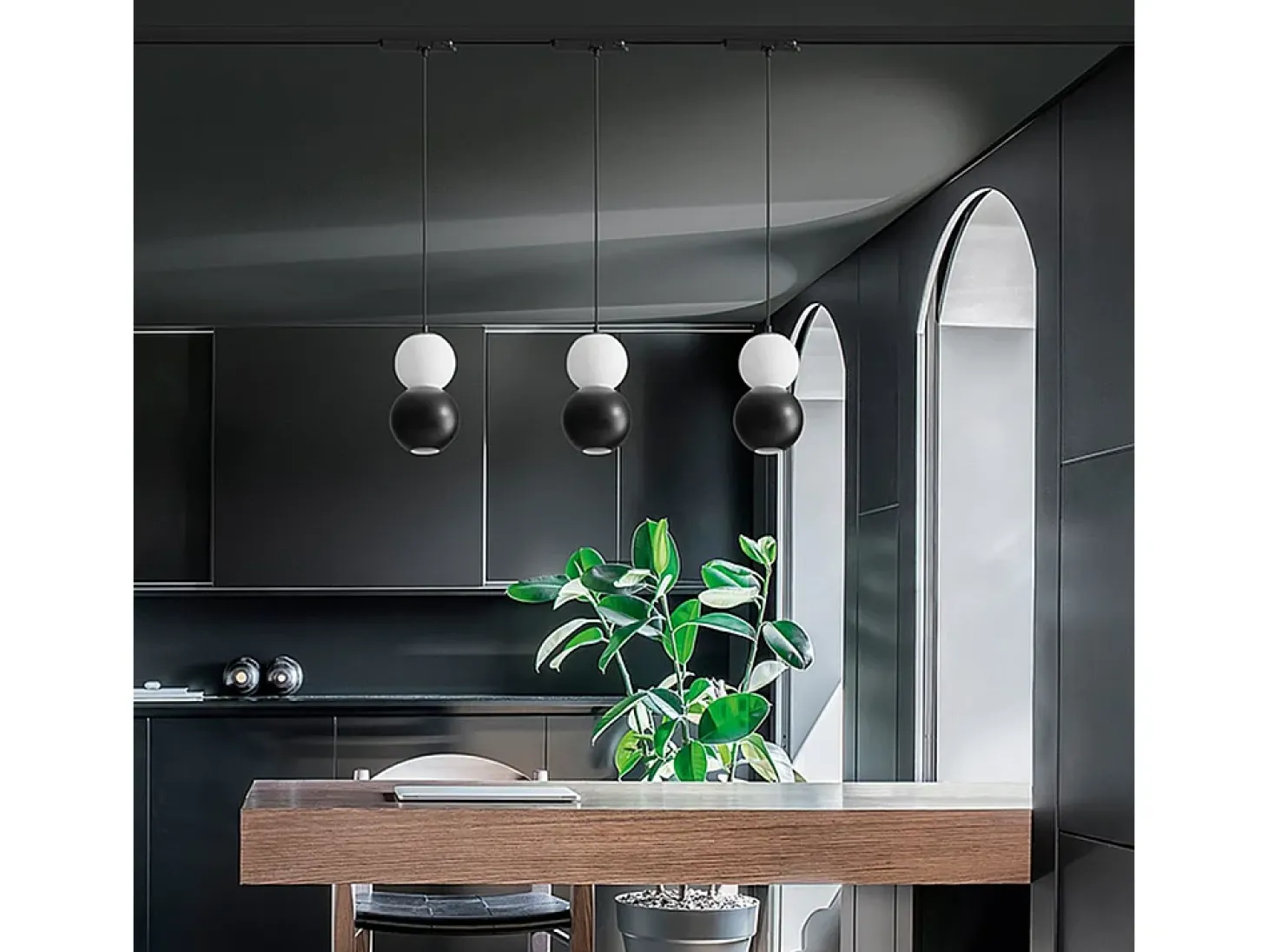Lampadario Contemporaneo Binario Metallo Nero Vetro Bianco Led 10+10W 3000K