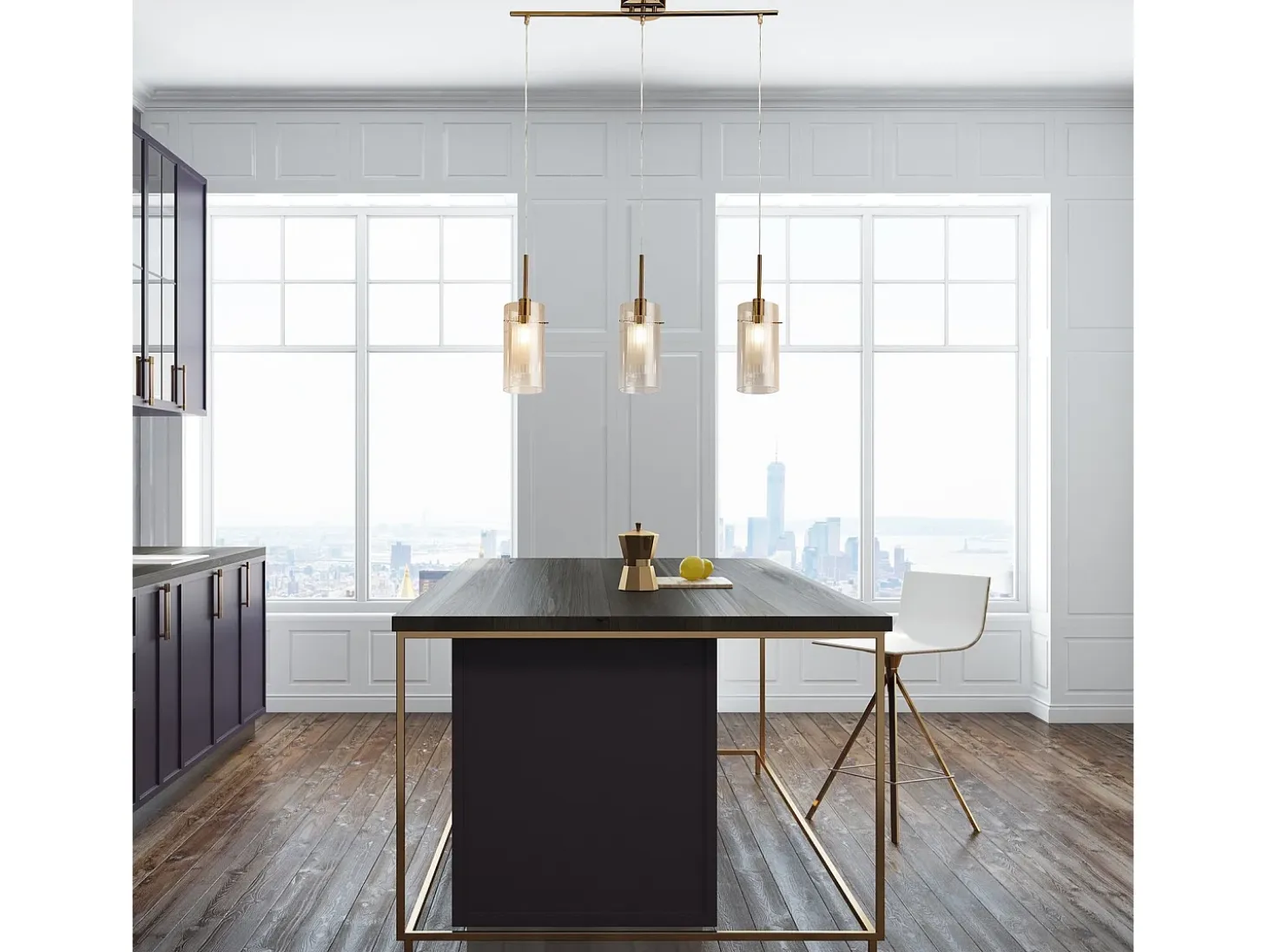 Lampadario Contemporaneo Duetto 3 Acciaio Ottone Vetro 3 Luci E14