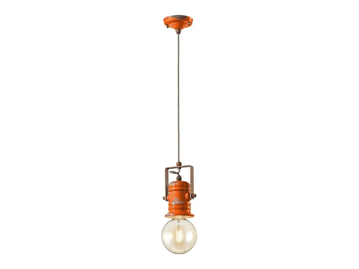 Lampadario Industrial Minimal Urban Ferro Ceramica Vintage Arancio 1 Luce E27