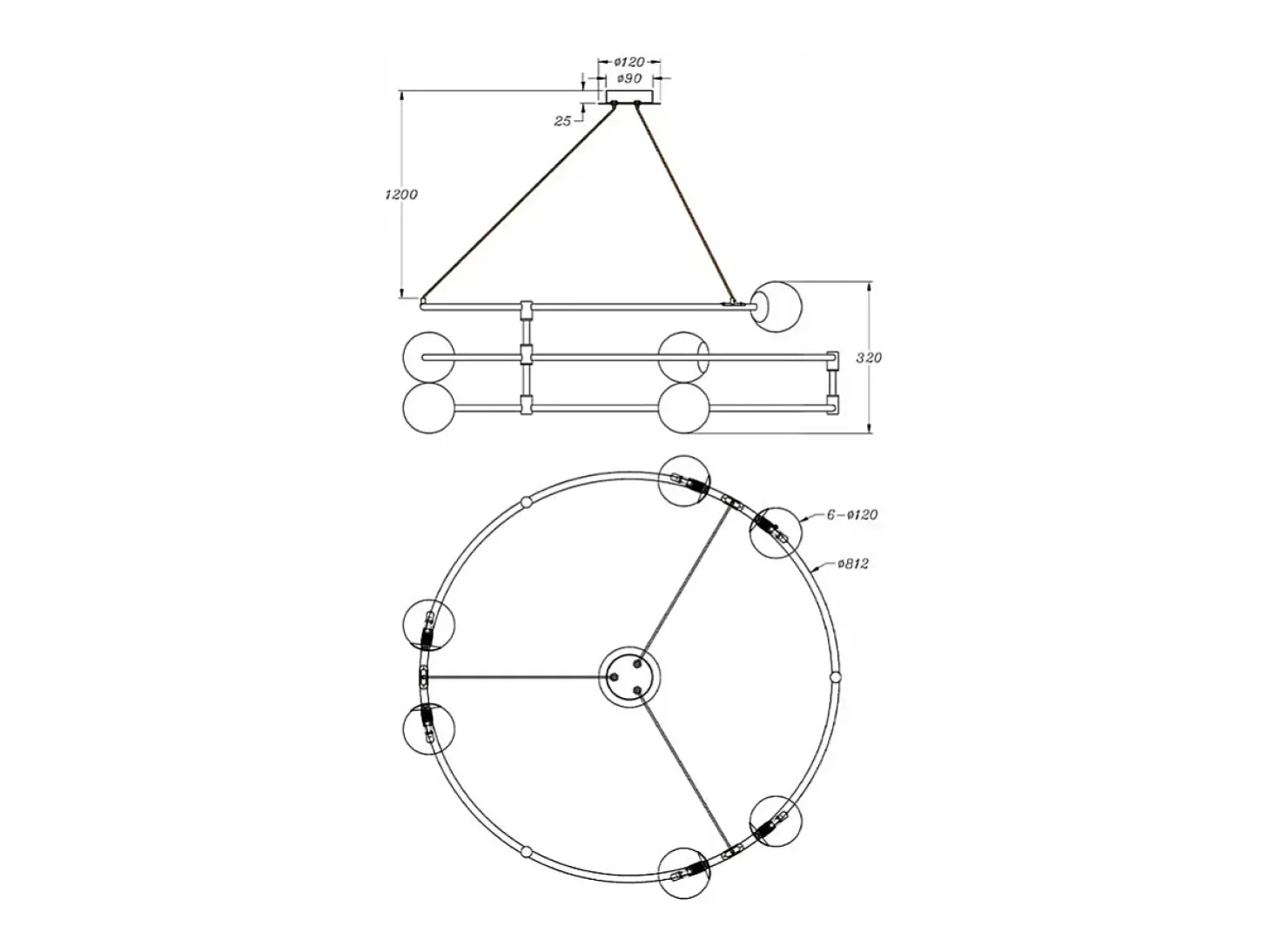 Lampadario Minimal Balance In Metallo Oro 6 Luci E Diffusori Sferici Bianchi