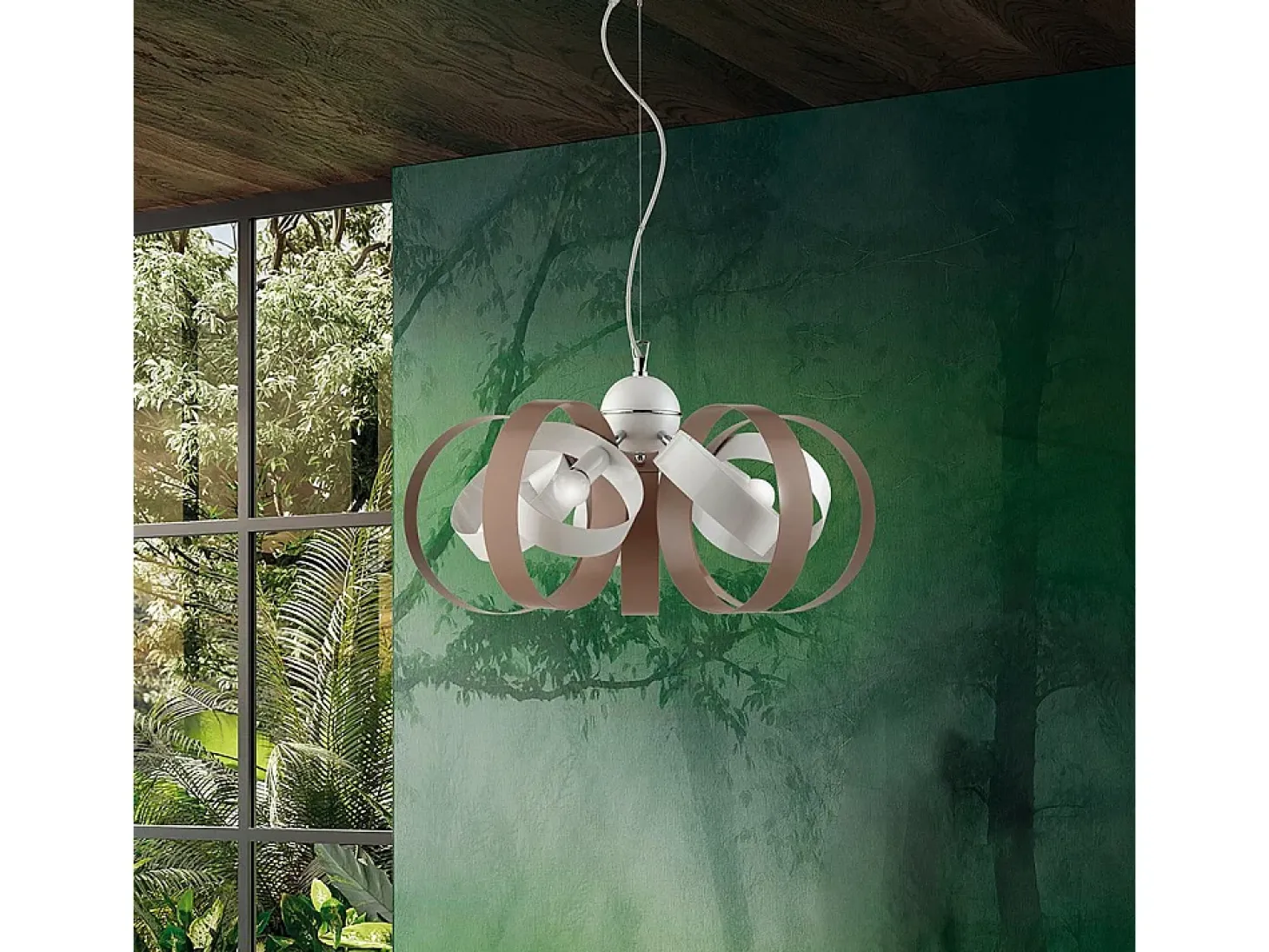 Lampadario Moderno 5 Luci Cerchi Ferro Bianco e Tortora Serie Bolla