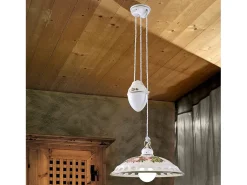Lampadario Saliscendi Classico Napoli Ceramica E Ottone Satinato 1 Luce E27