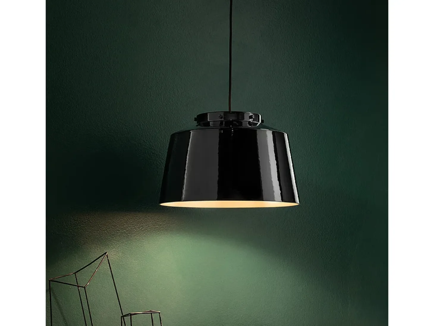Lampadario Vintage 50'S Ferro E Ceramica Smaltato Nero 1 Luce E27 40Cm