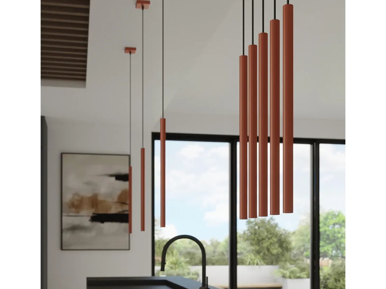Lámpara colgante Brill moderno de acero - 3 fuentes luminosas 3000K - L.19,5 x A.104 cm - ocre rojo