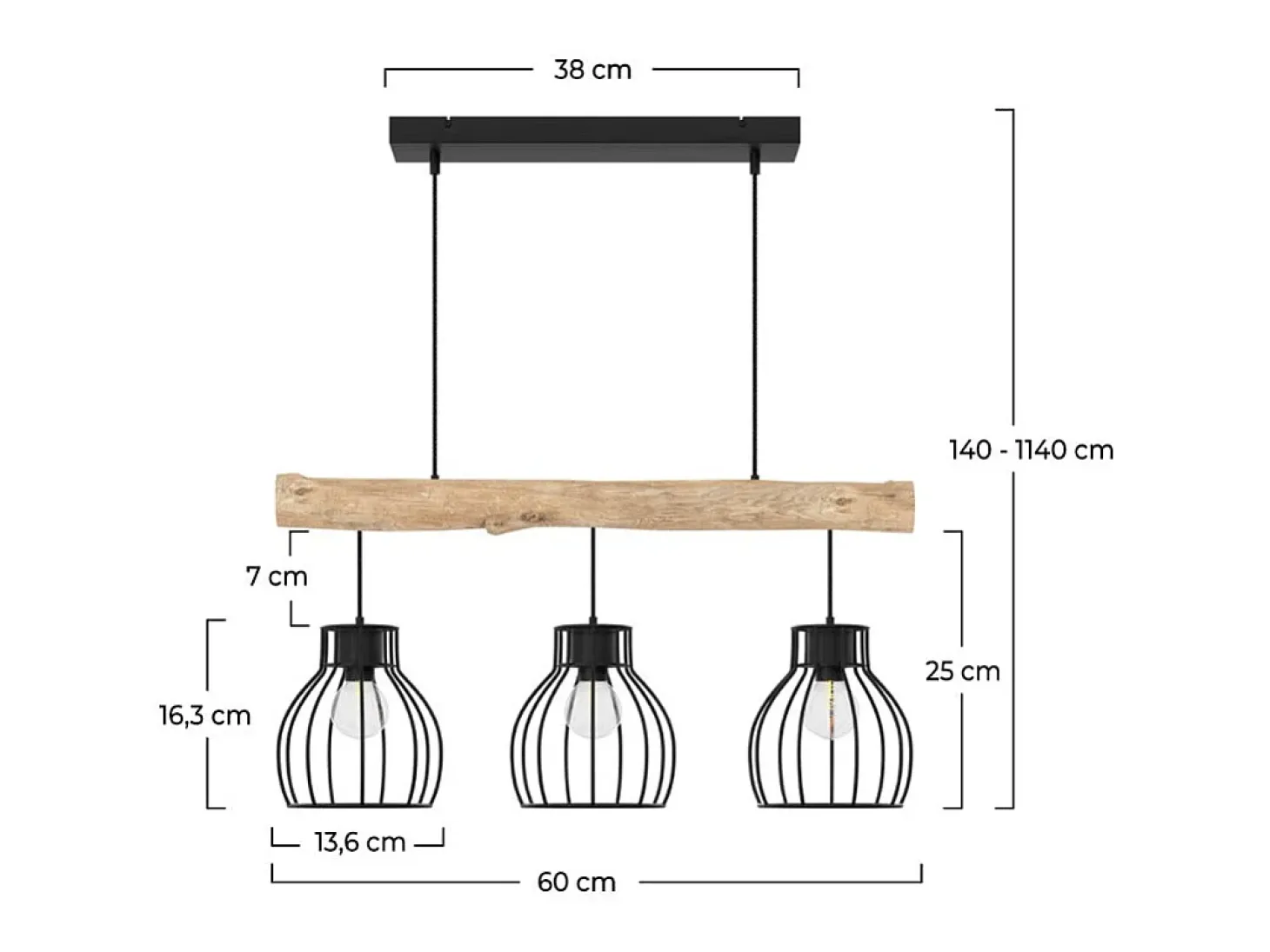Lámpara colgante de 3 luces en madera de eucalipto y metal negro - Abby