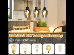 Lámpara colgante de mesa de comedor Nettlife negra - Lámpara colgante vintage de vidrio ahumado con una sola llama E27 sin fuente de luz