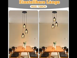 Lámpara colgante de mesa de comedor Nettlife negra - Lámpara colgante vintage de vidrio ahumado con una sola llama E27 sin fuente de luz