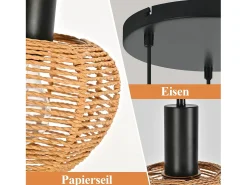 Lámpara colgante de ratán bohemio Nettlife con 3 luces - Lámpara de araña vintage de cuerda de cáñamo trenzada E27 - Iluminación (bombillas no incluidas)