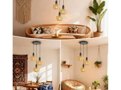 Lámpara colgante de ratán bohemio Nettlife con 3 luces - Lámpara de araña vintage de cuerda de cáñamo trenzada E27 - Iluminación (bombillas no incluidas)