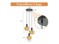 Lámpara colgante de ratán bohemio Nettlife con 3 luces - Lámpara de araña vintage de cuerda de cáñamo trenzada E27 - Iluminación (bombillas no incluidas)