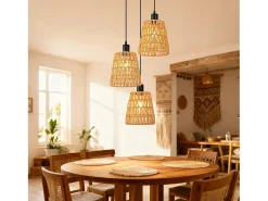Lámpara colgante de ratán bohemio Nettlife con 3 luces - Lámpara de araña vintage de cuerda de cáñamo trenzada E27 - Iluminación (bombillas no incluidas)
