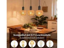 Lámpara colgante de ratán bohemio Nettlife con 3 luces - Lámpara de araña vintage de cuerda de cáñamo trenzada E27 - Iluminación (bombillas no incluidas)