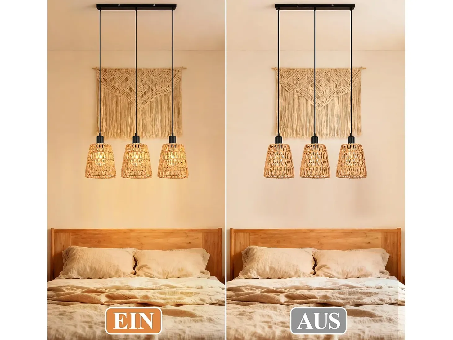 Lámpara colgante de ratán bohemio Nettlife con 3 luces - Lámpara de araña vintage de cuerda de cáñamo trenzada E27 - Iluminación para cocina(bombillas no incluidas)