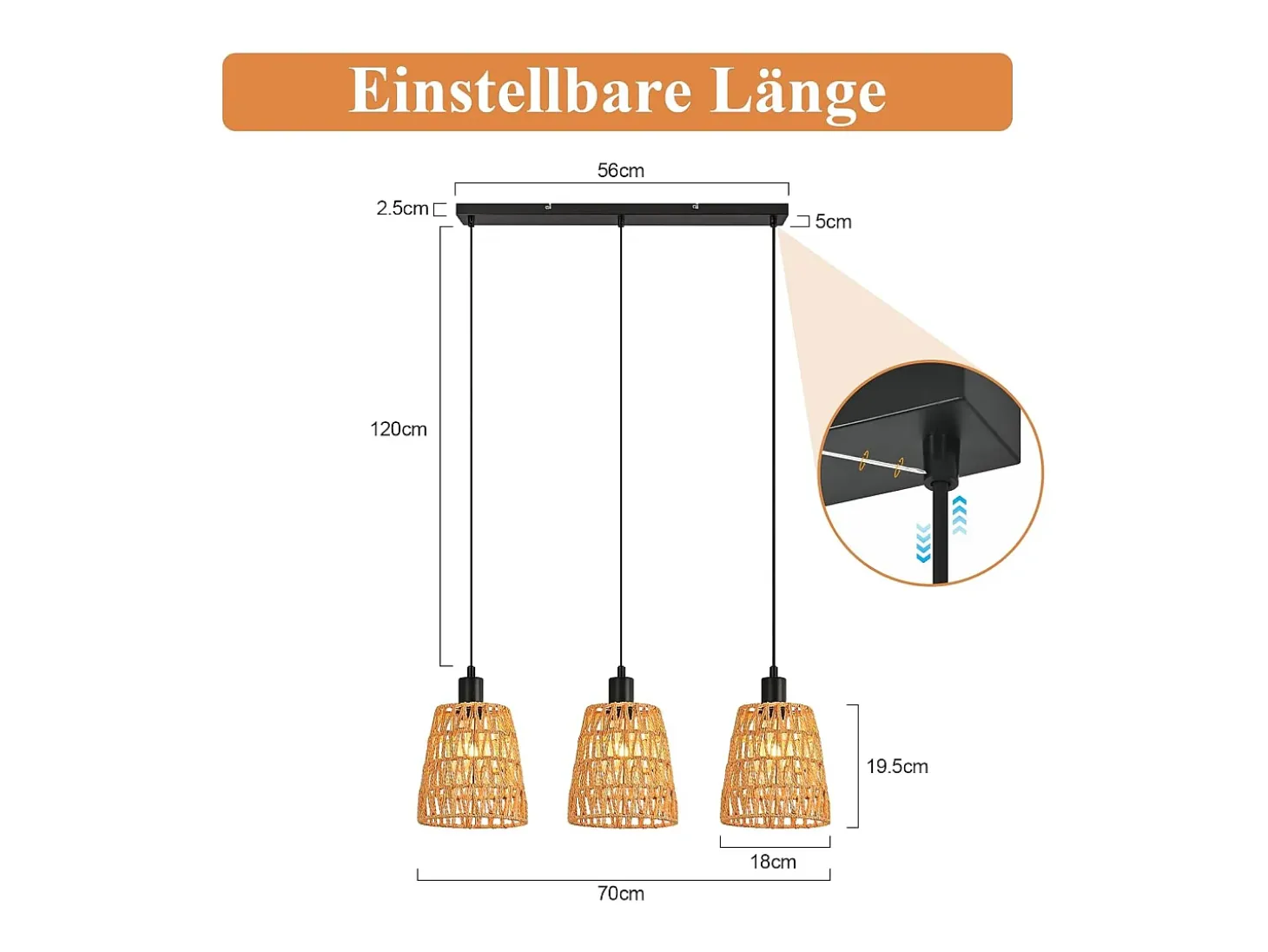 Lámpara colgante de ratán bohemio Nettlife con 3 luces - Lámpara de araña vintage de cuerda de cáñamo trenzada E27 - Iluminación para cocina(bombillas no incluidas)