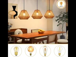 Lámpara colgante de ratán bohemio Nettlife para mesa de comedor - 3 bombillas E27, altura ajustable, estilo retro, para salón o dormitorio (bombillas no incluidas)