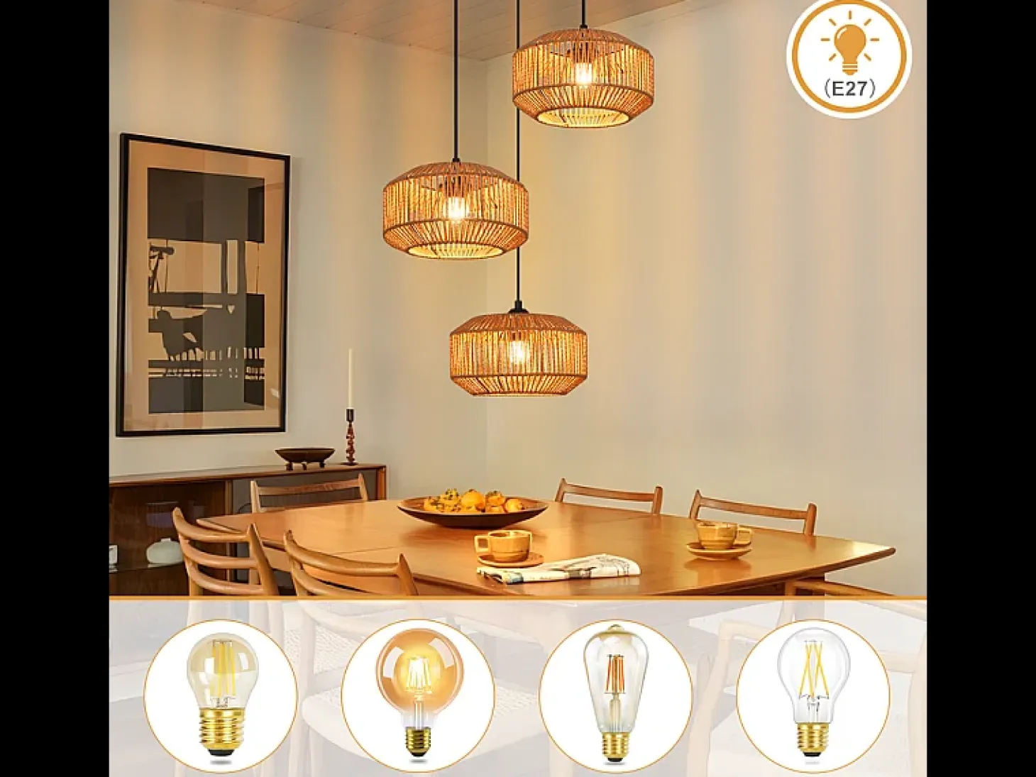 Lámpara colgante de ratán Nettlife Φ25 Lámpara colgante vintage para mesa de comedor, 1 luz, diseño retro con casquillo E27 (bombilla no incluida)