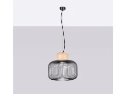 Lámpara colgante Gabbia industrial de acero/madera - 1 fuentes luminosas - L.35 x A.183 cm - madera negra/natural