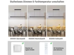 Lámpara colgante LED NETTLIFE para comedor, color negro, regulable linealmente con control remoto, 108 cm, 37 W, moderna, CCT