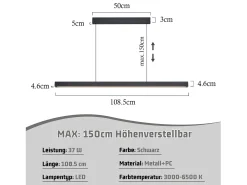 Lámpara colgante LED NETTLIFE para comedor, color negro, regulable linealmente con control remoto, 108 cm, 37 W, moderna, CCT