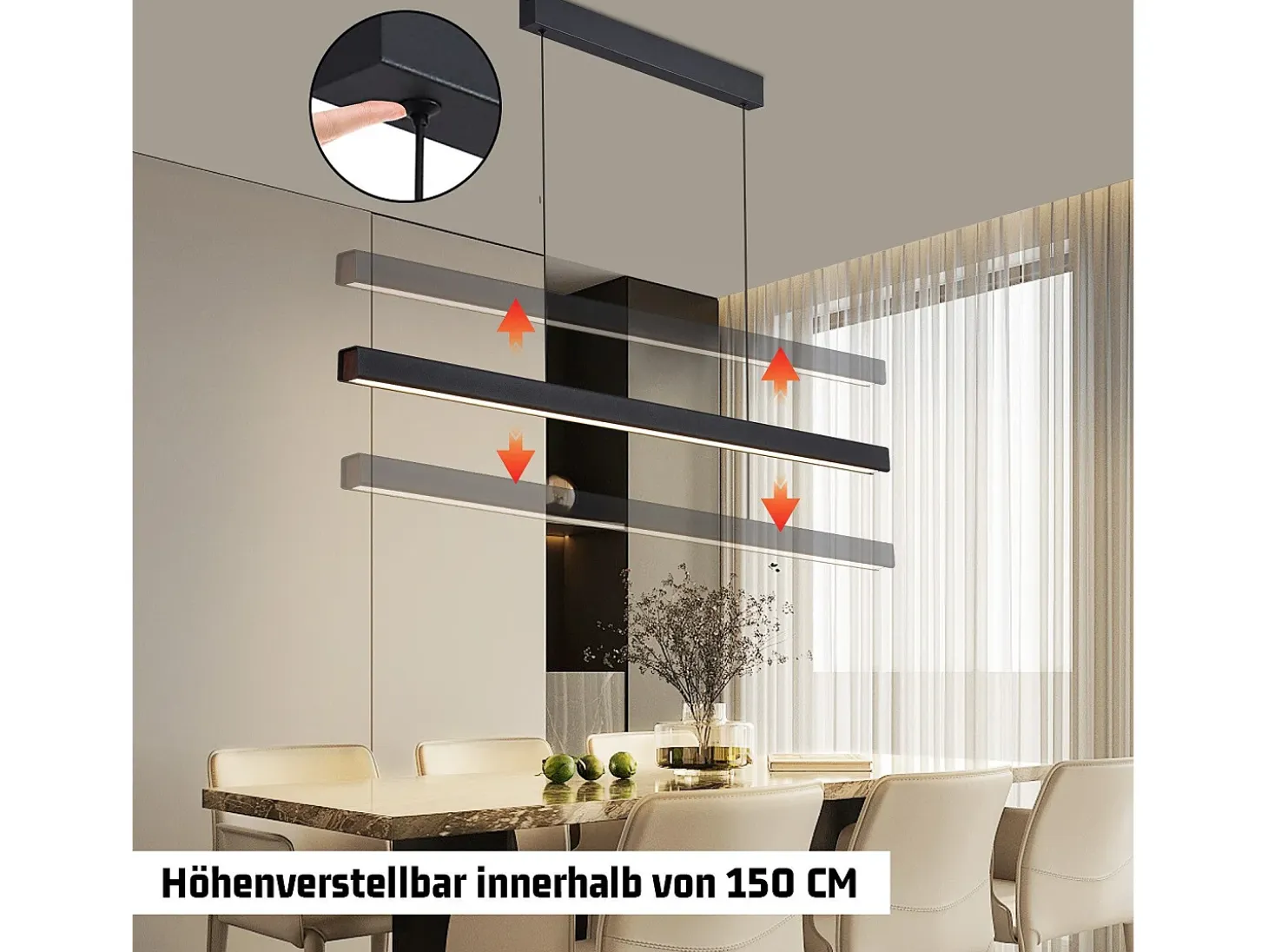 Lámpara colgante LED NETTLIFE para comedor, regulable, negra, moderna, 50 W, 148,5 cm