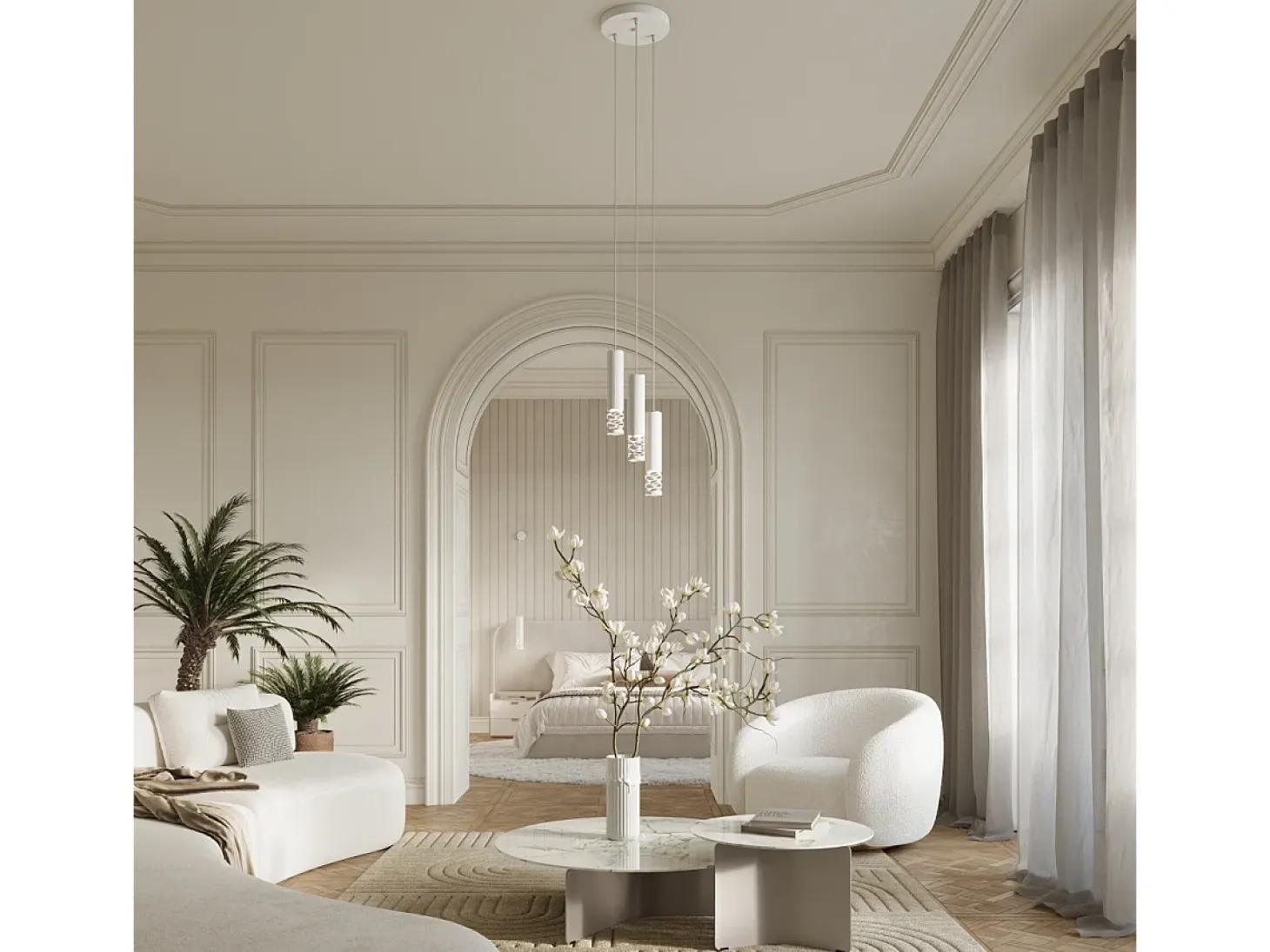 Lámpara Colgante Liro Moderno De Acero - 3 Fuentes Luminosas - L.40 X A.125 Cm - Blanco