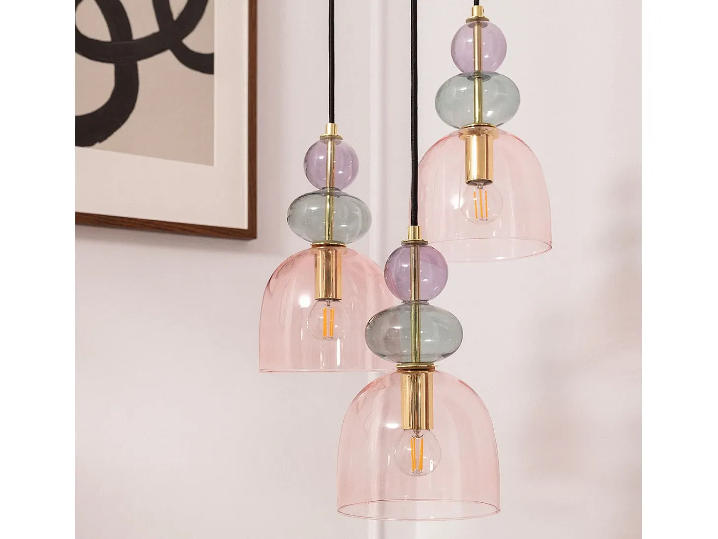 Lámpara Colgante Metal y Cristal Tri Baudelaire Rosa