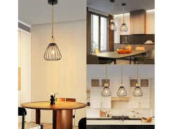 Lámpara colgante NETTLIFE para mesa de comedor, de metal negro, 1 llama, estilo retro industrial, madera, cuerda de cáñamo, E27