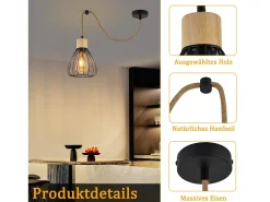 Lámpara colgante NETTLIFE para mesa de comedor, de metal negro, 1 llama, estilo retro industrial, madera, cuerda de cáñamo, E27