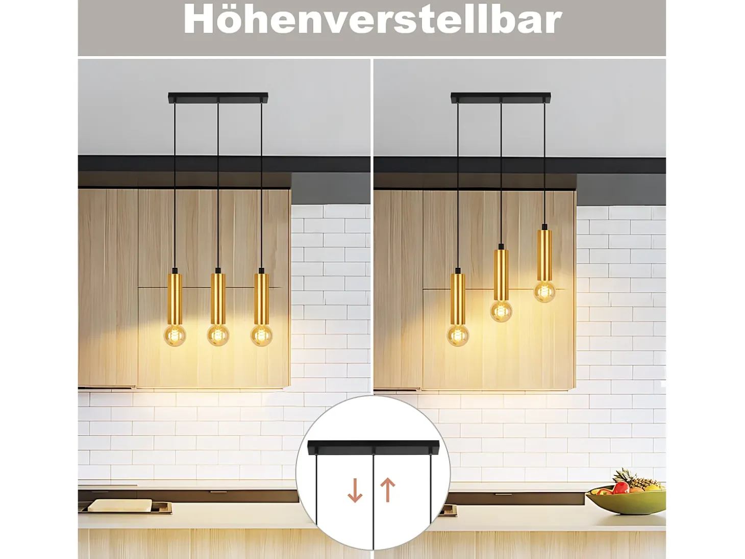 Lámpara colgante NETTLIFE dorada de 3 bombillas - Lámpara colgante para mesa de comedor E27 Lámpara colgante industrial de metal