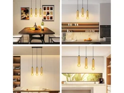Lámpara colgante NETTLIFE dorada de 3 bombillas - Lámpara colgante para mesa de comedor E27 Lámpara colgante industrial de metal