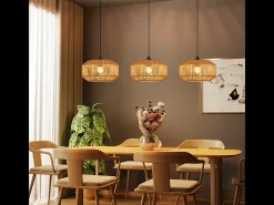 Lámpara colgante Nettlife Boho de ratán para mesa de comedor - 3 luces, estilo retro, casquillo E27, altura ajustable, para sala de estar (bombilla no incluida)