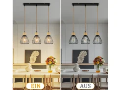 Lámpara colgante NETTLIFE, estilo vintage industrial retro para salón, de madera y cuerda de cáñamo, en metal negro, 3 llamas, E27