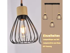Lámpara colgante NETTLIFE, estilo vintage industrial retro para salón, de madera y cuerda de cáñamo, en metal negro, 3 llamas, E27