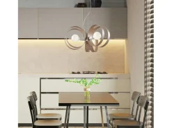 Lámpara colgante Peter de hierro lacado blanco con bandas cortadas a láser en gris tórtola y cable de acero orientable. 3 luces 130 Ø48 BL306-3-BT
