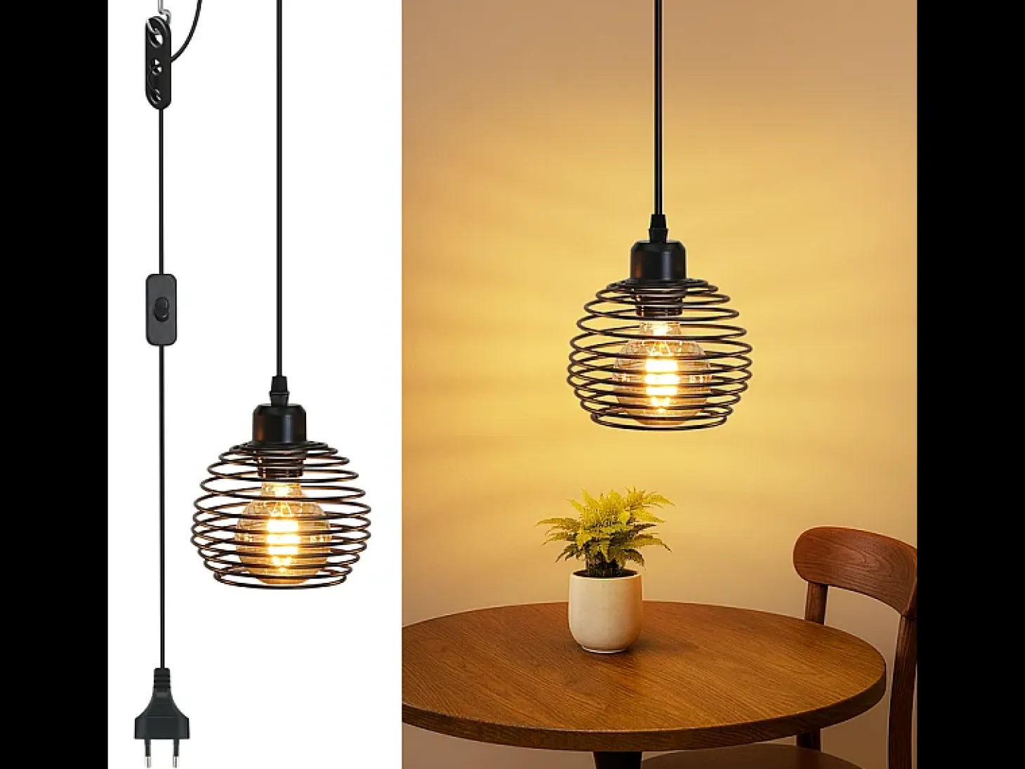 Lámpara colgante vintage Nettlife de 1 luz: lámpara colgante industrial negra con cable de 4,5 m, enchufe e interruptor, casquillo E27.