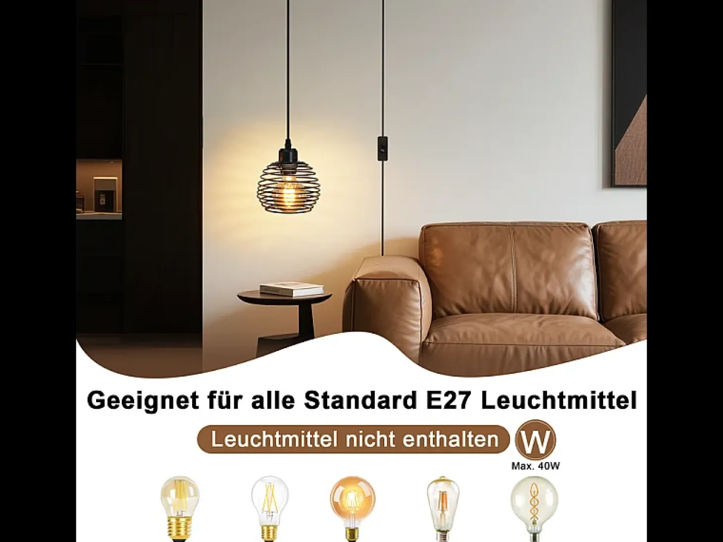 Lámpara colgante vintage Nettlife de 1 luz: lámpara colgante industrial negra con cable de 4,5 m, enchufe e interruptor, casquillo E27.