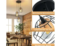 Lámpara colgante vintage Nettlife de 3 luces - Lámpara industrial de metal y madera negra, casquillo E27 - Cocina, comedor y sala de estar (bombillas no incluidas)