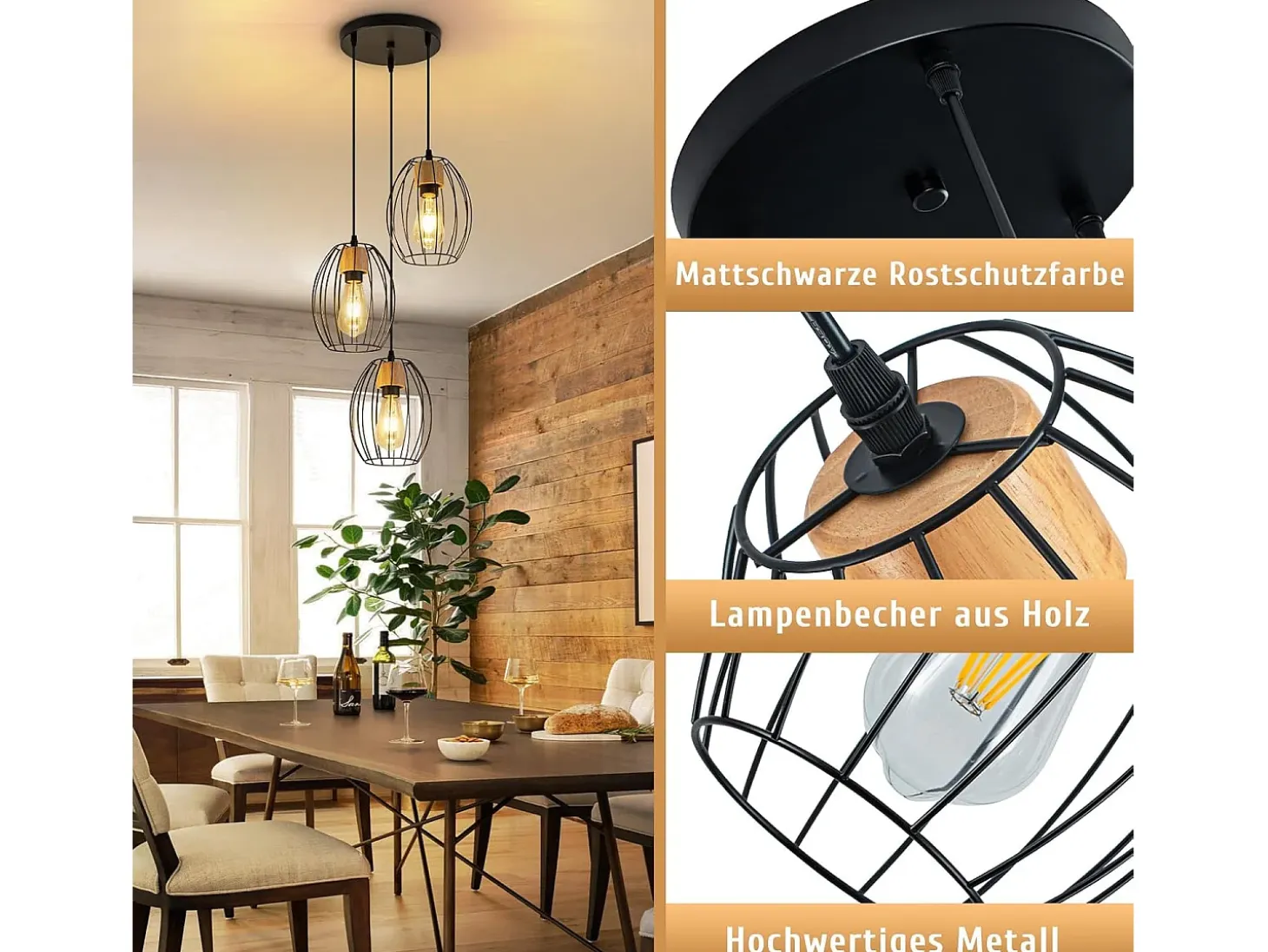 Lámpara colgante vintage Nettlife de 3 luces - Lámpara industrial de metal y madera negra, casquillo E27 - Cocina, comedor y sala de estar (bombillas no incluidas)