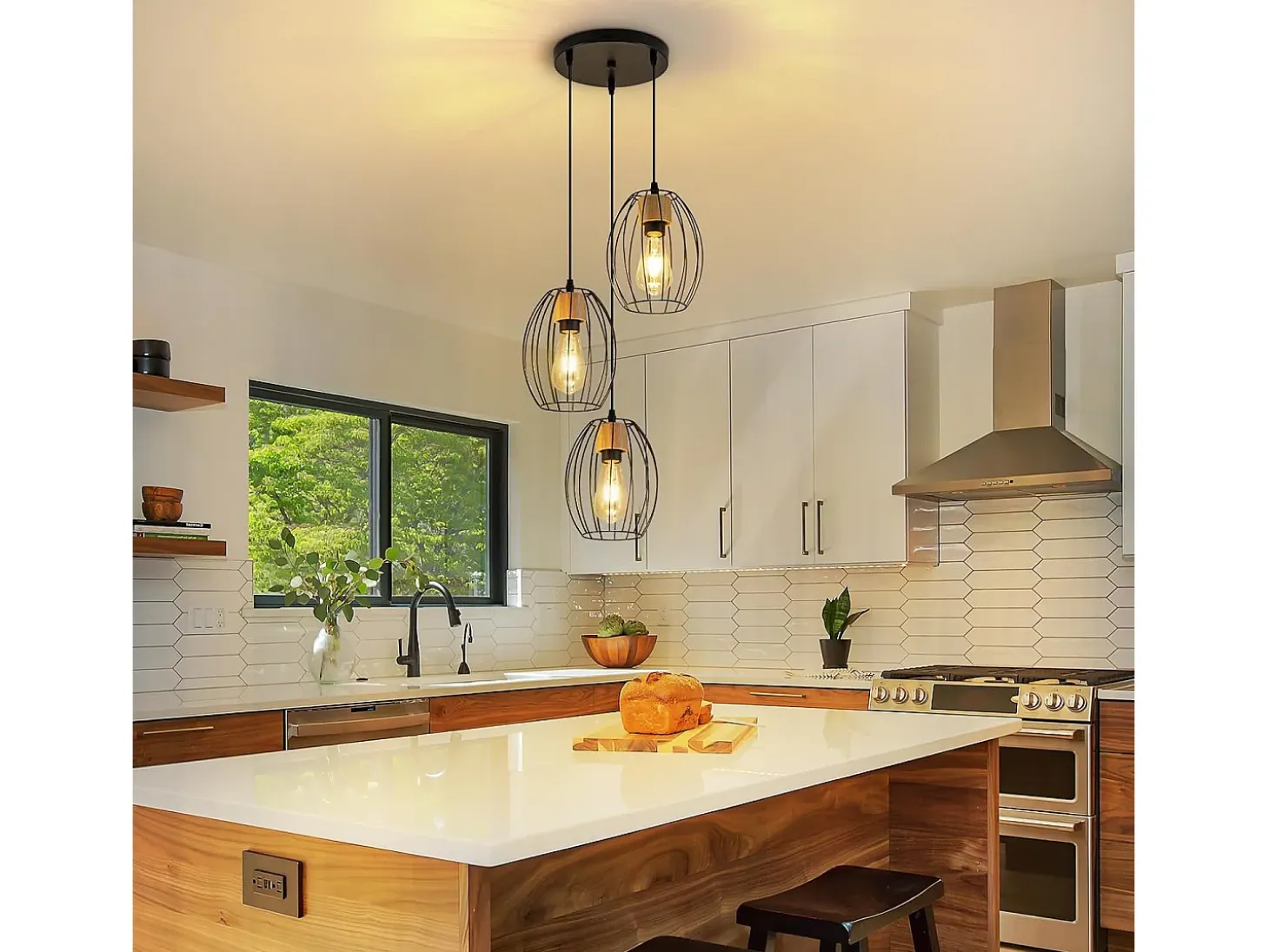 Lámpara colgante vintage Nettlife de 3 luces - Lámpara industrial de metal y madera negra, casquillo E27 - Cocina, comedor y sala de estar (bombillas no incluidas)