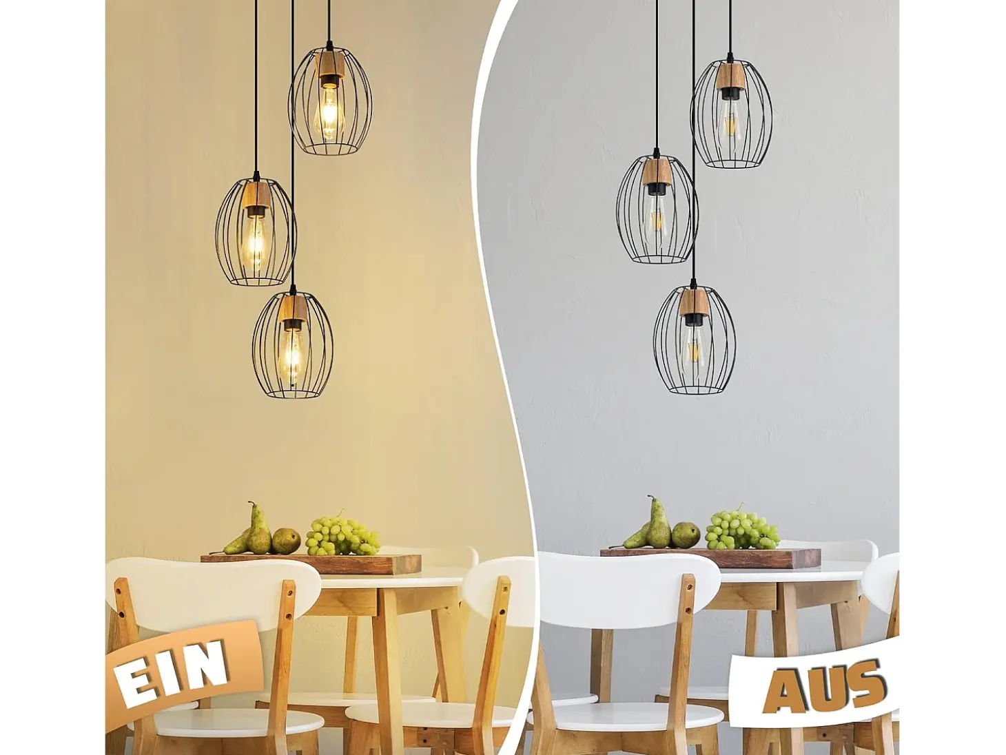 Lámpara colgante vintage Nettlife de 3 luces - Lámpara industrial de metal y madera negra, casquillo E27 - Cocina, comedor y sala de estar (bombillas no incluidas)