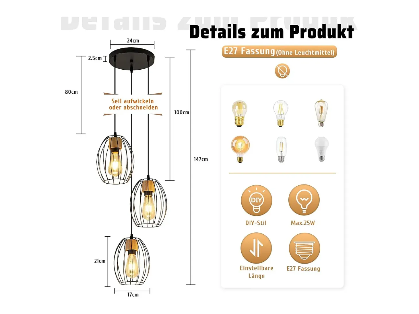 Lámpara colgante vintage Nettlife de 3 luces - Lámpara industrial de metal y madera negra, casquillo E27 - Cocina, comedor y sala de estar (bombillas no incluidas)