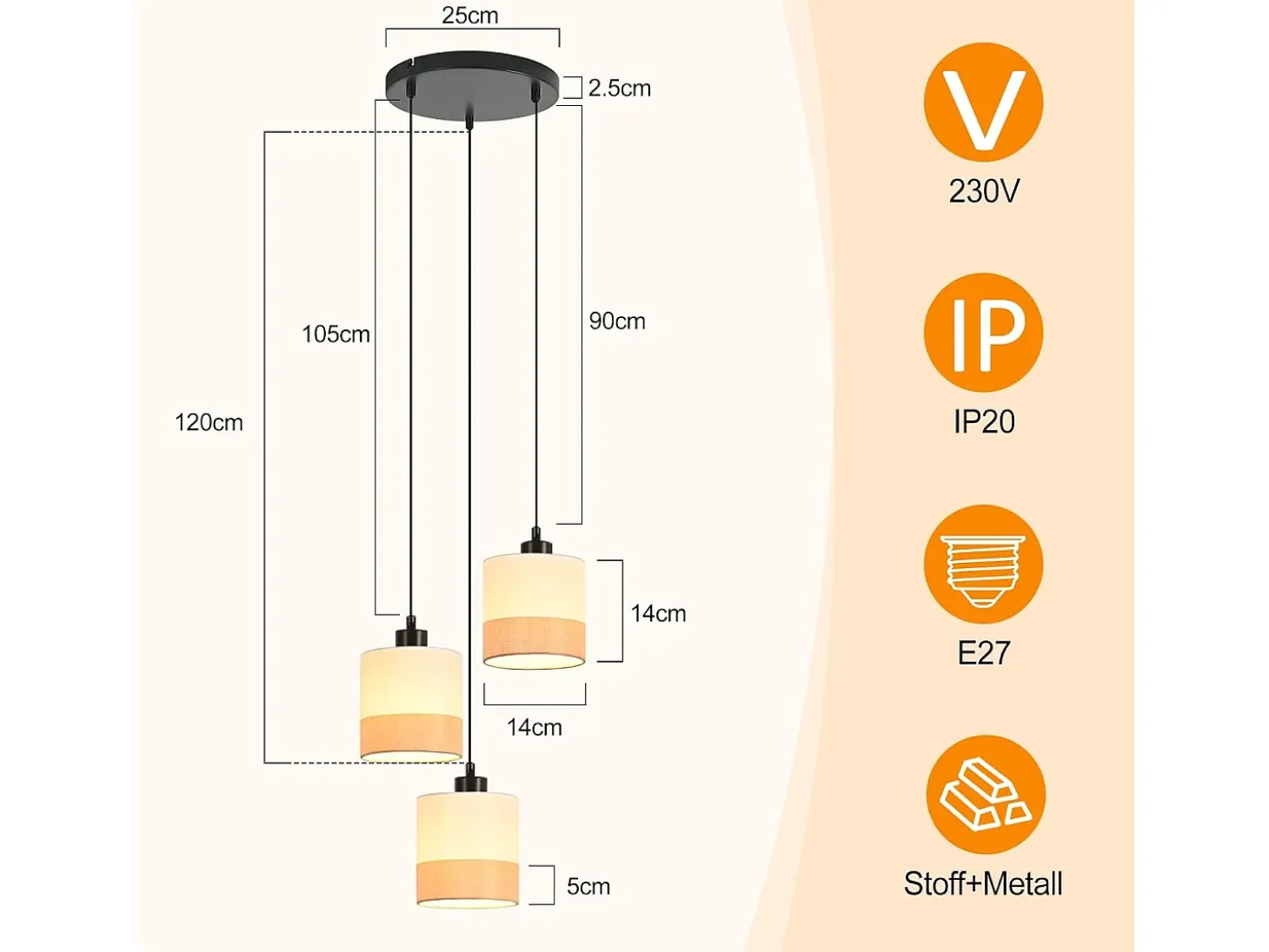 Lámpara colgante vintage Nettlife para mesa de comedor - Lámpara de araña de tela blanca de 3 luces E27, iluminación retro para salón (bombillas no incluidas)