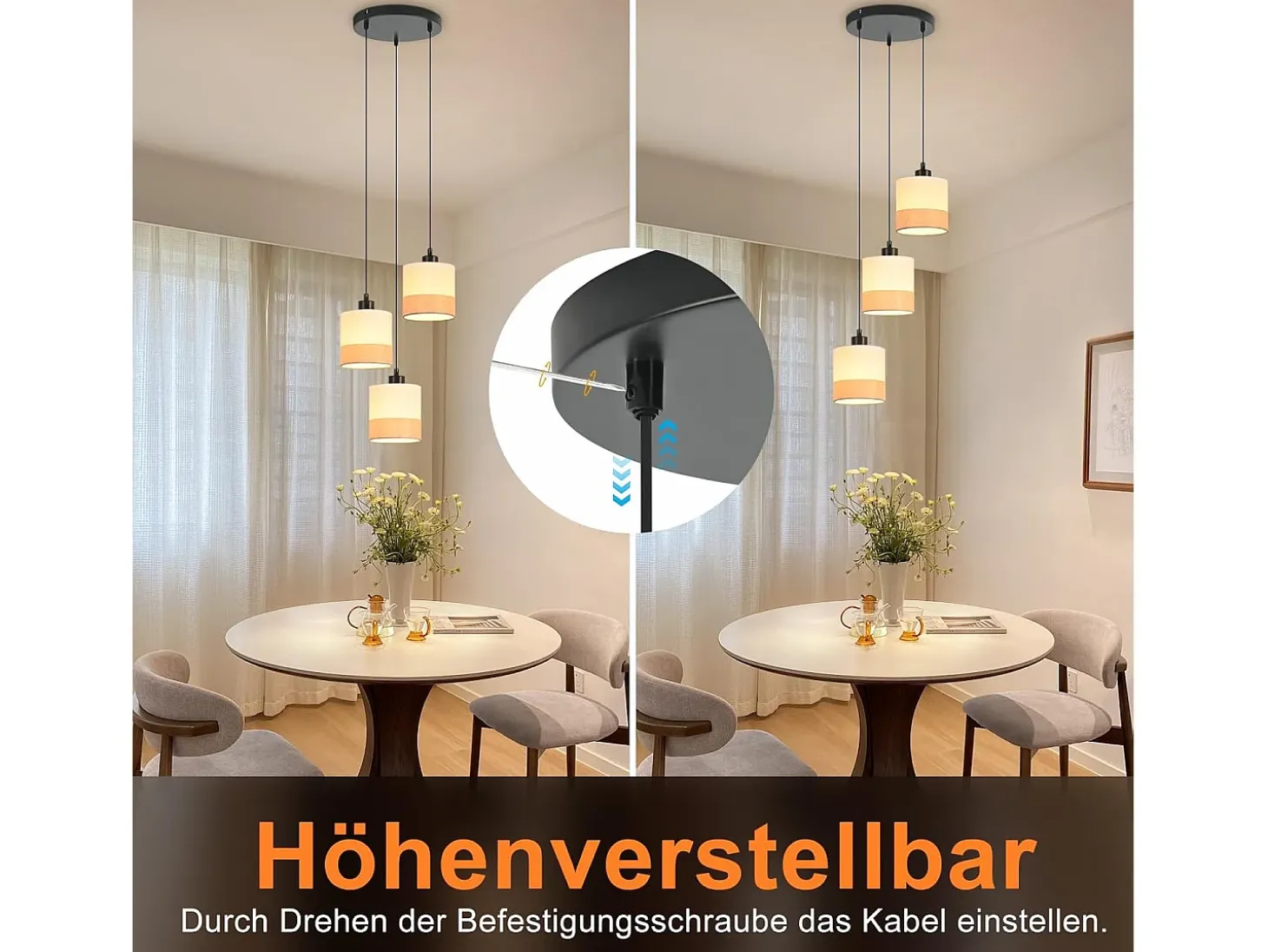 Lámpara colgante vintage Nettlife para mesa de comedor - Lámpara de araña de tela blanca de 3 luces E27, iluminación retro para salón (bombillas no incluidas)