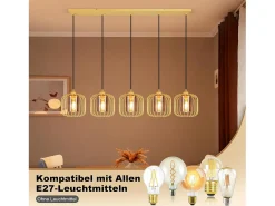Lámpara colgante vintage Nettlife de 5 luces, de cristal y metal, para comedor, estilo retro, con casquillo E27 y altura ajustable (bombillas no incluidas).