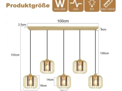Lámpara colgante vintage Nettlife de 5 luces, de cristal y metal, para comedor, estilo retro, con casquillo E27 y altura ajustable (bombillas no incluidas).